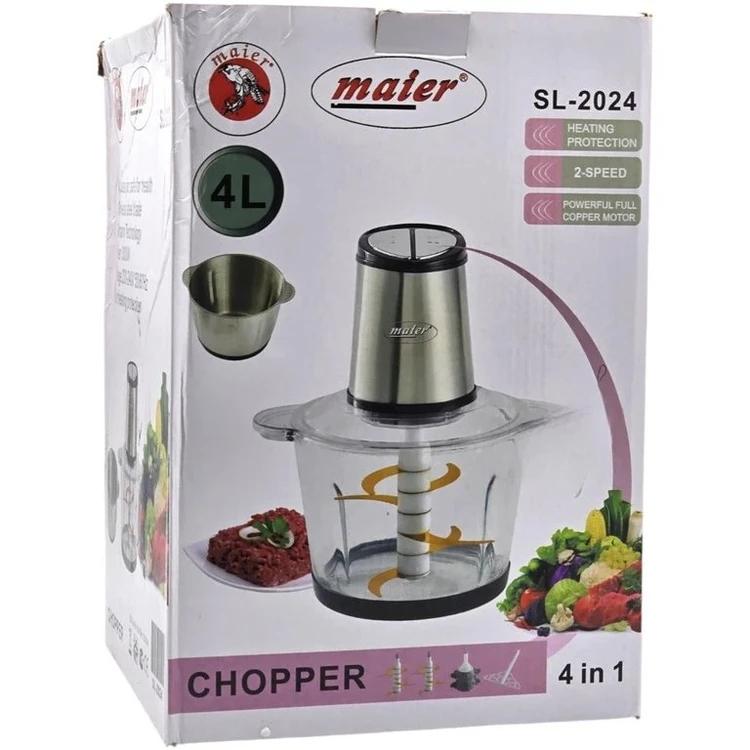 خردکن دوکاسه مایر- ظرفیت 4+4 لیتری -6+6 تیغه تیتانیوم طلایی- همراه سیر پوست کن و همزن- 3 کاره- قدرت 3000W وات مدل SL-2024