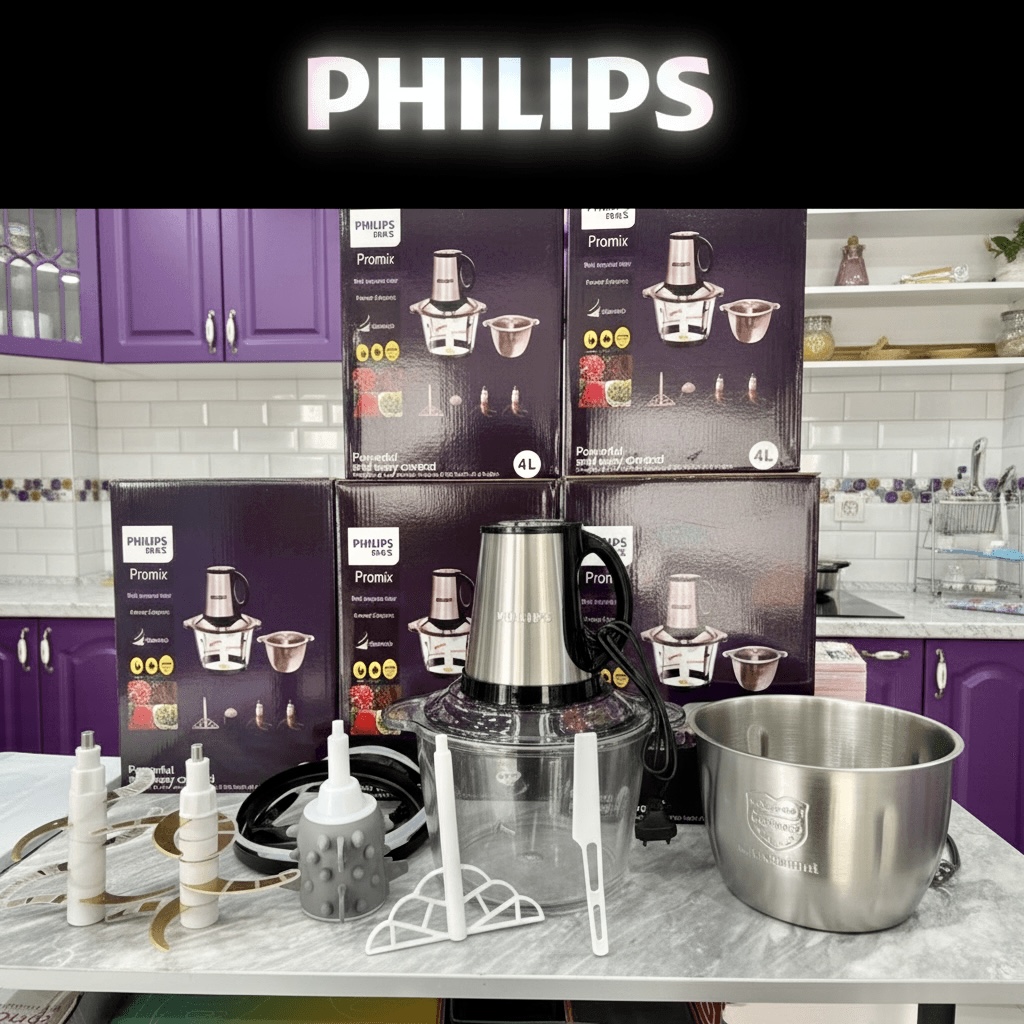 خردکن برقی فیلیپس دوکاسه، ظرفیت 4+4 لیتر، 6 تیغه تیتانیوم، همراه با سیر پاک کن و همزن