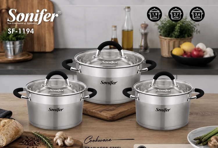 سرویس قابلمه استیل ۶ پارچه سونیفر مدل SF-1194 با درب شیشه‌ای