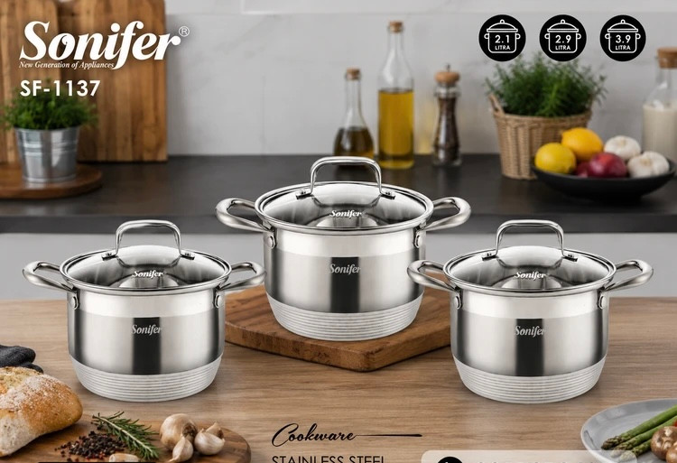 سرویس قابلمه استیل ۶ پارچه سونیفر مدل SF-1137 با درب شیشه ای