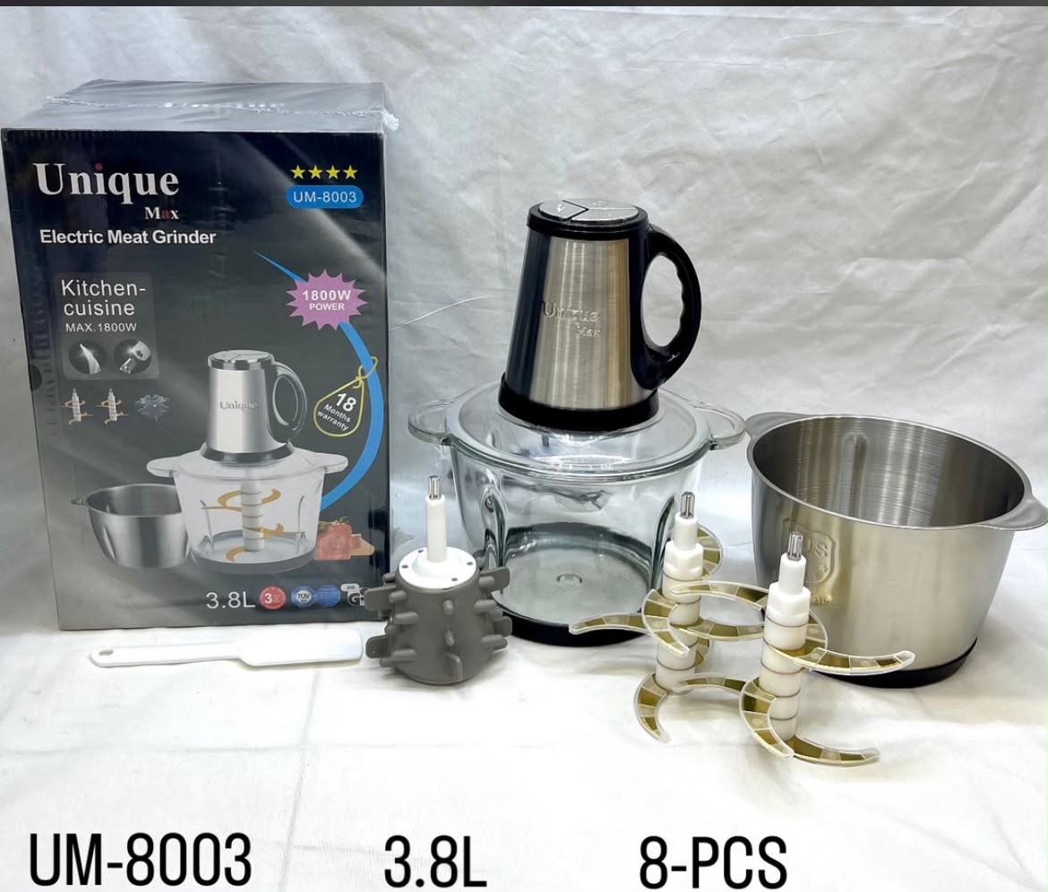 خردکن دوکاسه یونیک ظرفیت 3/8 لیتری 6+6 تیغه تیتانیوم طلایی همراه با سیر پاک کن- قدرت 1800W وات مدل UM-8003