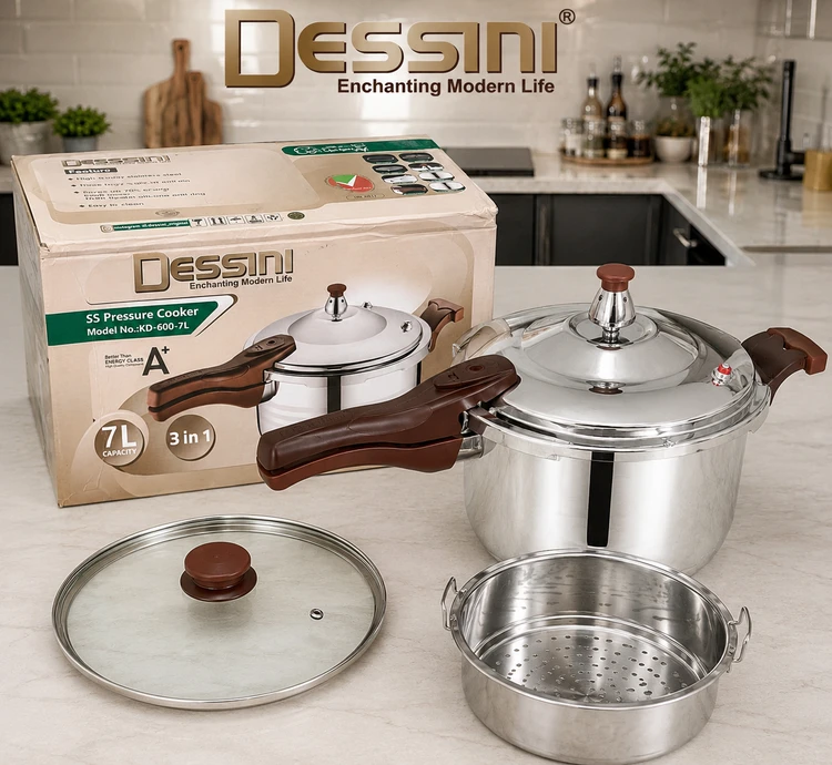 زودپز استیل ۳ کاره دسینی ۷ لیتری مدل KD-600-7L | 2026 کاره همراه درب شیشه‌ای، سبد بخارپز، کف سه‌لایه و سیستم ایمنی چندگانه