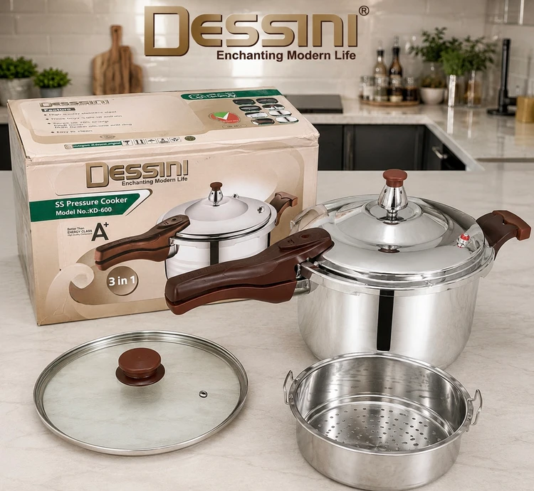 زودپز استیل ۳ کاره دسینی ۴ لیتری مدل KD-600-4L | 2026 کاره همراه درب شیشه‌ای، سبد بخارپز، کف سه‌لایه و سیستم ایمنی چندگانه