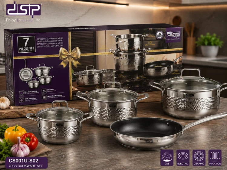 سرویس قابلمه ۷ پارچه استیل چکشی DSP اصلی مدل CS001U-S02 | استیل ضدزنگ، درب شیشهای، مناسب انواع اجاق
