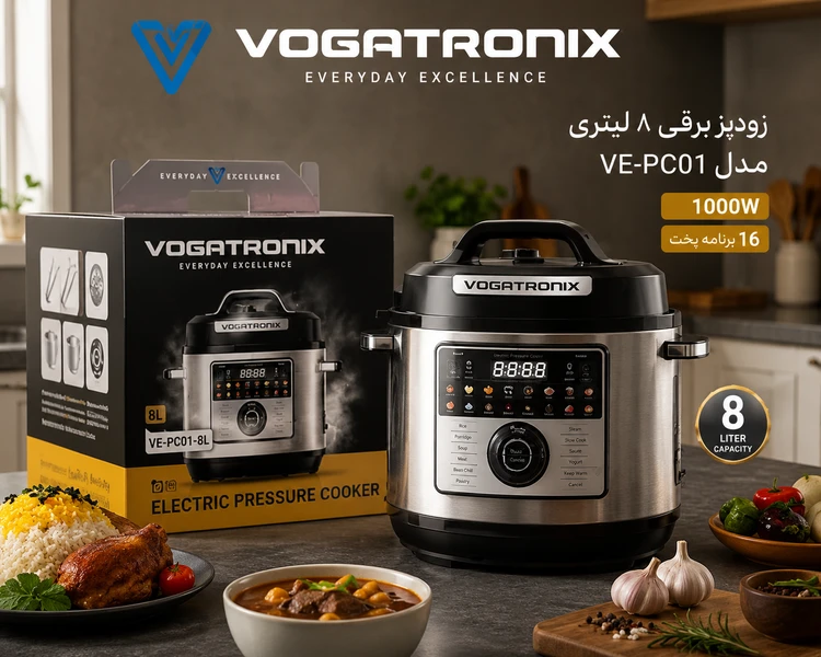 زودپز برقی ۸ لیتری ووگاترونیکس اصلی مدل VE-PC01 | زودپز، آرامپز، بخارپز و پلوپز چندکاره