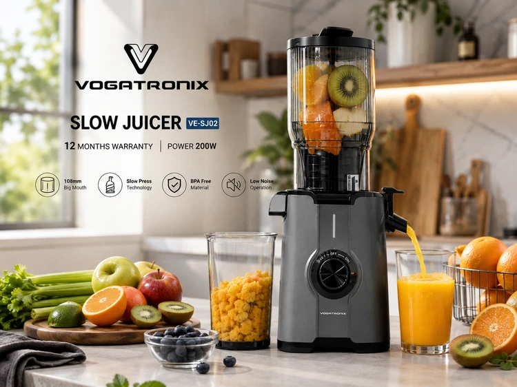 آبمیوهگیری و عصاره گیرووگاترونیکس مدل VE-SJ02 | موتور 200 وات | دهانه ورودی 108 میلیمتری