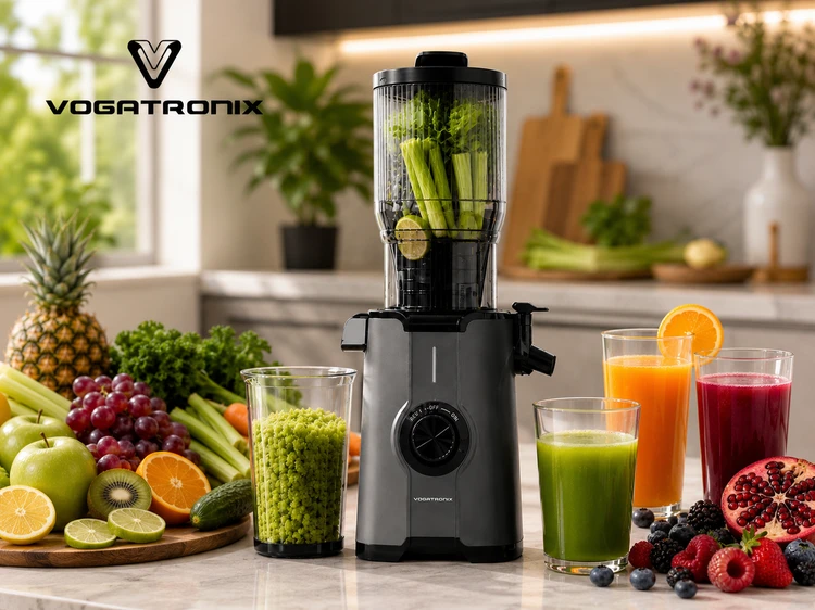 آبمیوهگیری و عصاره گیرووگاترونیکس مدل VE-SJ02 | موتور 200 وات | دهانه ورودی 108 میلیمتری