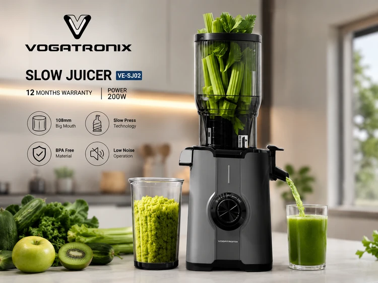 آبمیوهگیری و عصاره گیرووگاترونیکس مدل VE-SJ02 | موتور 200 وات | دهانه ورودی 108 میلیمتری