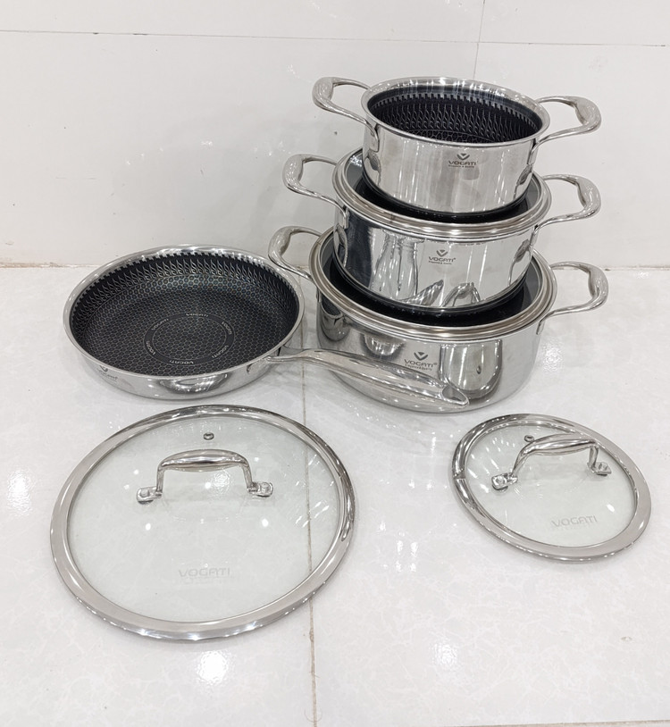 سرویس قابلمه استیل لیزری سهلایه ووگاتی اصلی سایز بزرگ ۸ پارچه مدل CW-TRI-8S | استیل ضدزنگ 304 با درب پیرکس