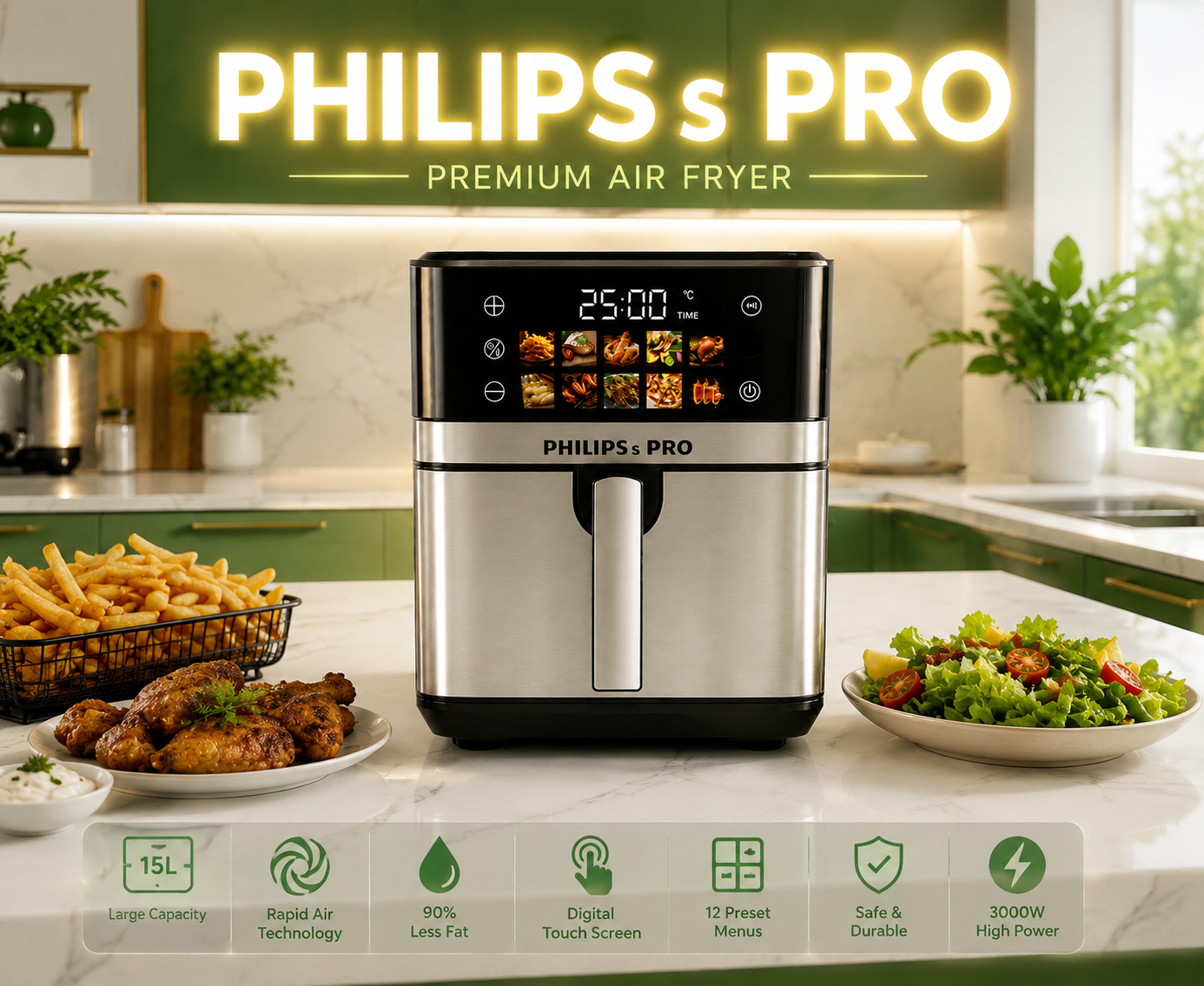 سرخ کن دو المنت فیلیپس پرو- ظرفیت 15 لیتری تمام استیل سبددار قدرت 3000W وات- مدل PH-1898