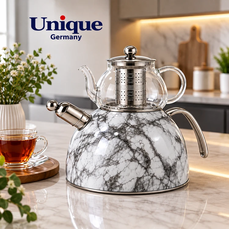 کتری استیل ۳ لیتری Unique مدل UN-3699 – طرح مرمری سفید