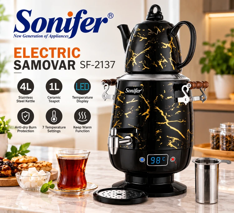 سماور برقی سونیفر مدل SF-2137 طرح ماربل مشکی طلایی با قوری سرامیکی ۱ لیتری