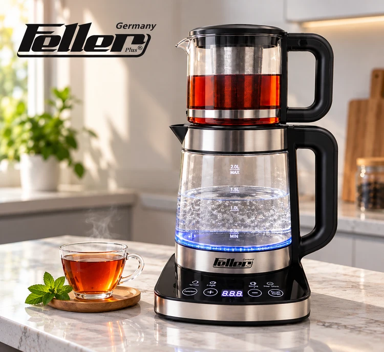 چای‌ساز فلر پلاس مدل TS-388 توان 2500 وات با کتری شیشه‌ای 2.5 لیتری و قوری 1.5 لیتری