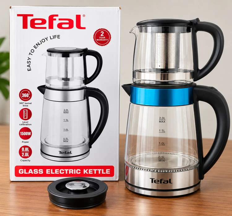 چای‌ساز شیشه‌ای تفال مدل TL-8924 | طراحی مدرن با قوری ۰.۸ لیتری، کتری ۲ لیتری و توان ۱۵۰۰ وات