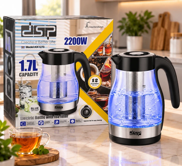 کتری برقی DSP مدل KK1270، ظرفیت ۱٫۷ لیتر، توان ۲۲۰۰ وات، مجهز به صافی چای و چراغ L
